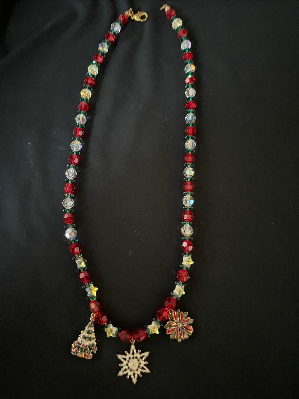 Red Crystal Holiday Charm Necklace with Snowflake & Tree Pendants